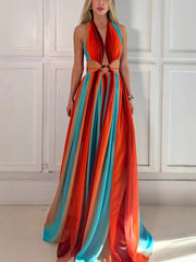 Colorful lucky chiffon printed ring with hollowed out design, slit holiday dress