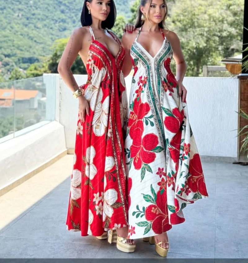Strapless V-neck Beach Halter Backless Printed Fairy Long Temperament Dresses Swing Dresses