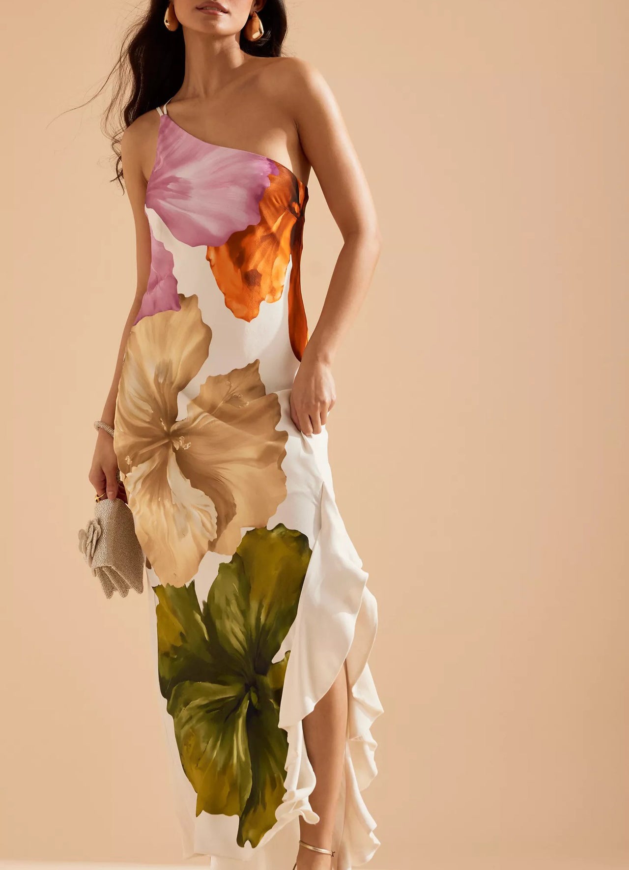 Design Flower Printed Elegant Single Shoulder Side Ruffle Long Dress