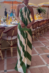 Most Dreamy Stripe Print Halter Tie-up Backless Pocket Loose Maxi Dress