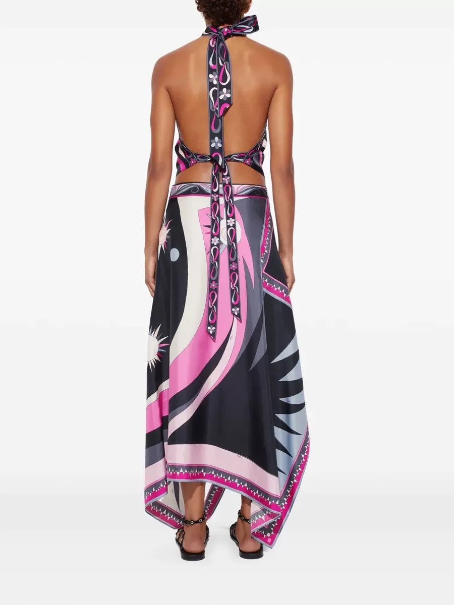 Satin Unique Print Halter Top and Irregular Midi Skirt Set