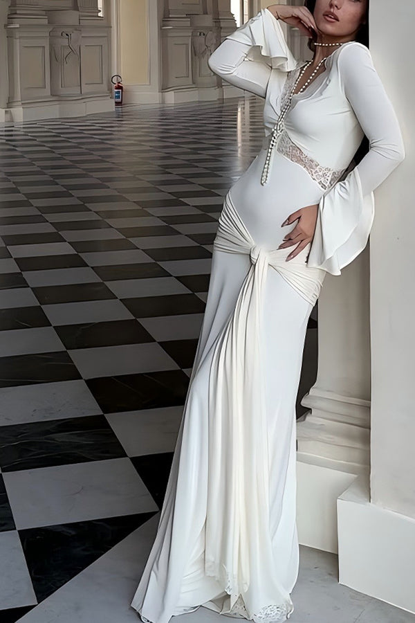 Lace Splicing V-neck Long-sleeved Slim Maxi Dress