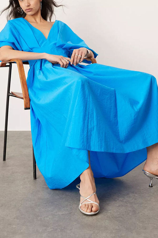 Antibes Linen Blend Princess Line Pleated Wide Puff Sleeve Midi Dress