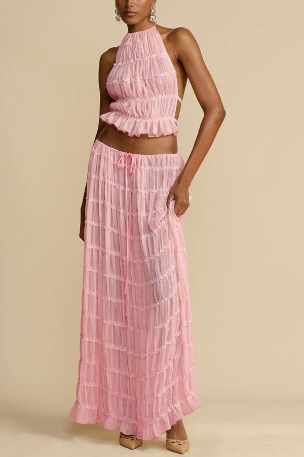 Versatility and Vintage Charm Pleated Drawstring Waist Tiered Maxi Skirt