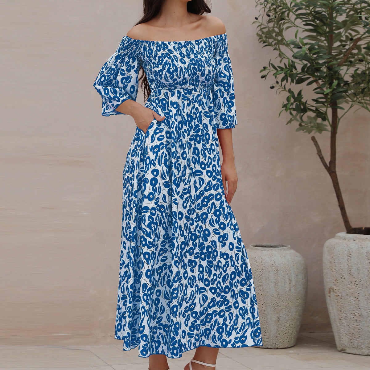 Vacation Flower Street Elegant Printed Off Shoulder Waist Pocket Long Dress