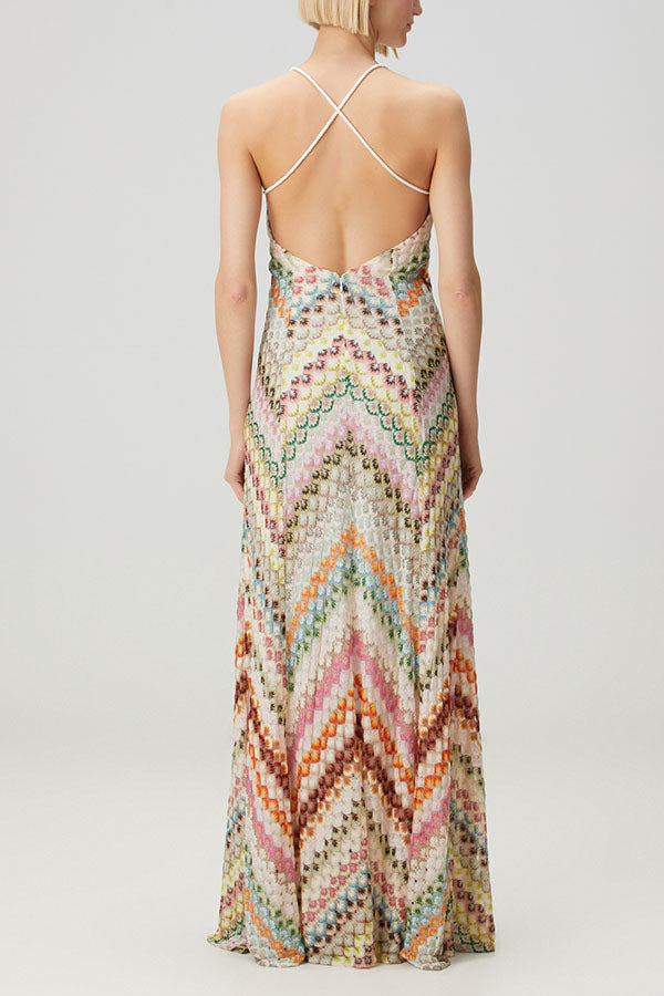 Missoni Knit Colorful Herringbone Print Open Beck Maxi Dress