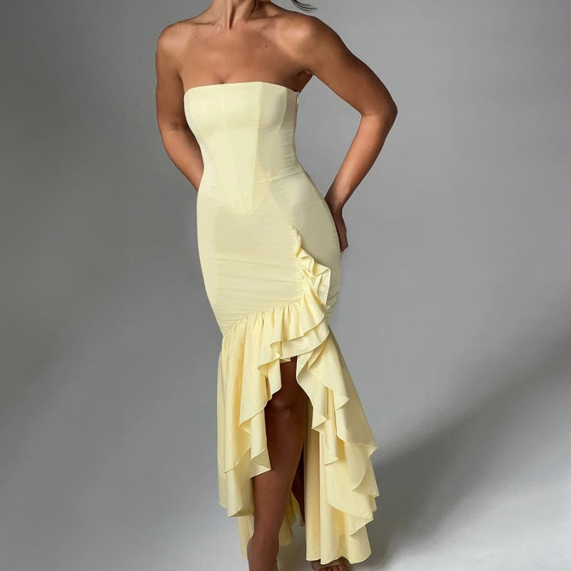 off shoulder, off shoulder strapless, hip hugging, irregular wave party dress