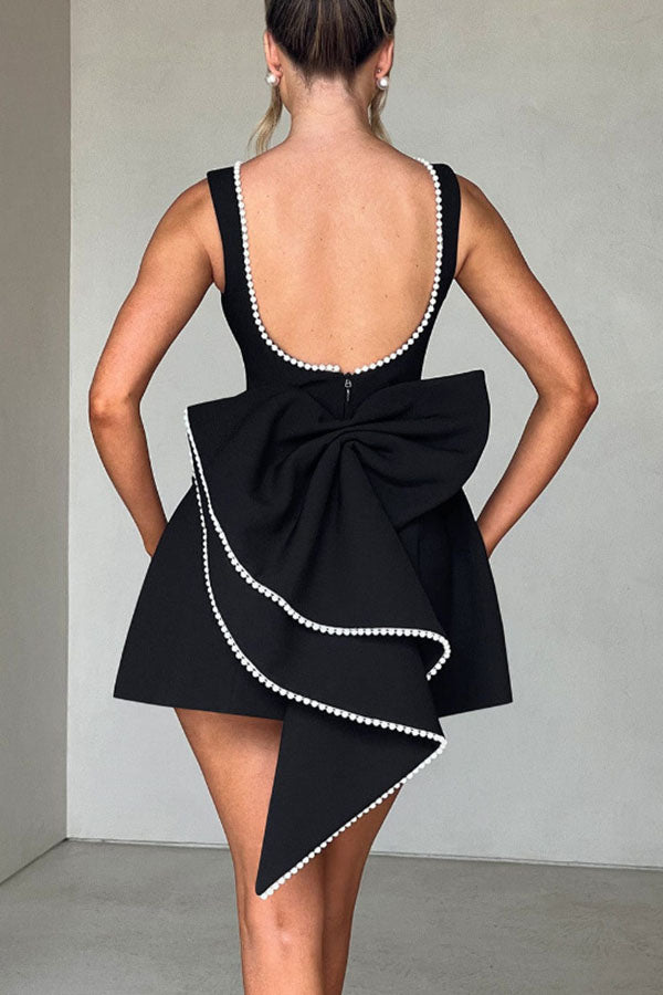 Pearl-embellished Large Bow Slim-fit Mini Dress