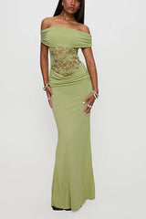 Solid Color Off Shoulder Splicing Lace Extra Long Slimming Dress