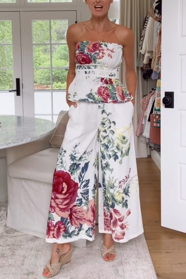 In To The Linen Blend Floral Print Elastic Bandeau and Elastic Waist Pocket Loose Pants Set