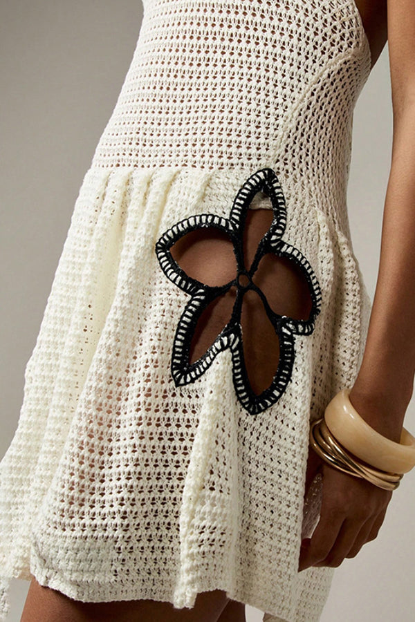 Openwork Knit Halter Neck Backless Cover-up Mini Dress