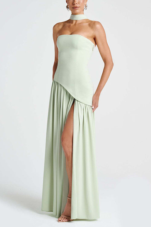 consonak Strapless Back Lace-up High Slit Splice Maxi Dress