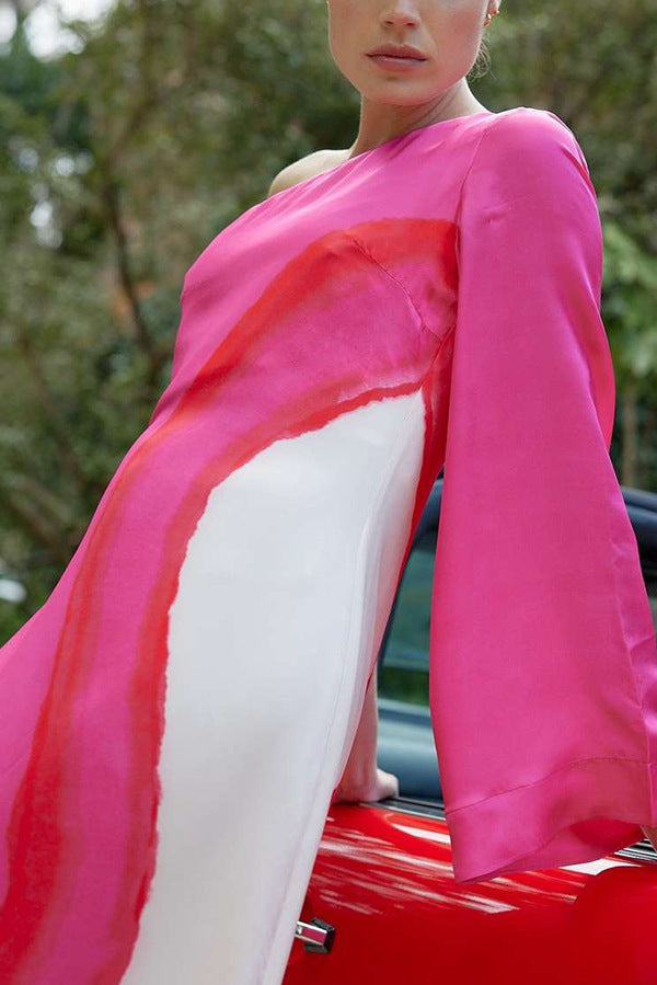 elegant contrasting printed single sleeve slit long skirt