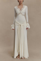 Lace Splicing V-neck Long-sleeved Slim Maxi Dress