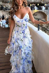 Millie | Floral Ruffle Long Skirt Chiffon Printed Fairy Style Long Style Evening Dress Coupon