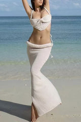 Kala Crochet Knit Braid Waist Slit Stretch Maxi Skirt
