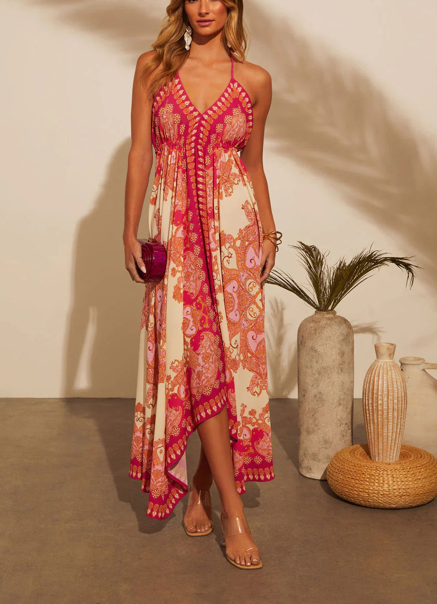 Strapless V-neck Beach Halter Backless Printed Fairy Long Temperament Dresses Swing Dresses