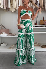 Cassie Ric Rac Trims Unique Print Halter Ring Tank and High Rise Wide Leg Pants Set