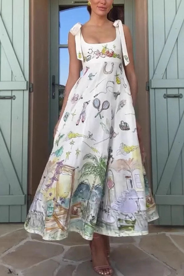 Euro View Linen Blend Unique Print Tie-up Straps Pocket Midi Dress