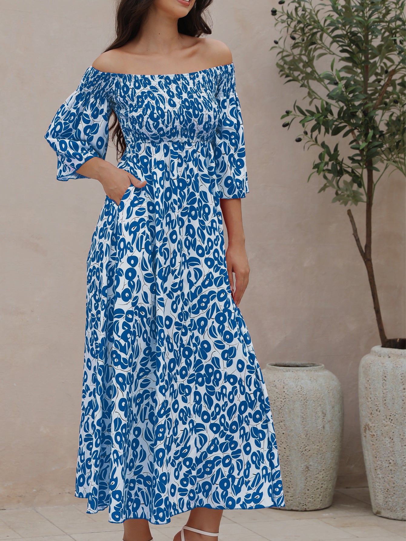 Vacation Flower Street Elegant Printed Off Shoulder Waist Pocket Long Dress