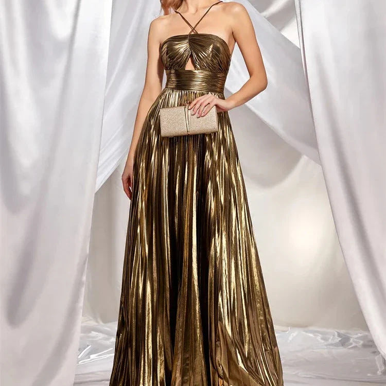 Queen style metal fabric suspender strapless party hollow out elegant pleated long skirt