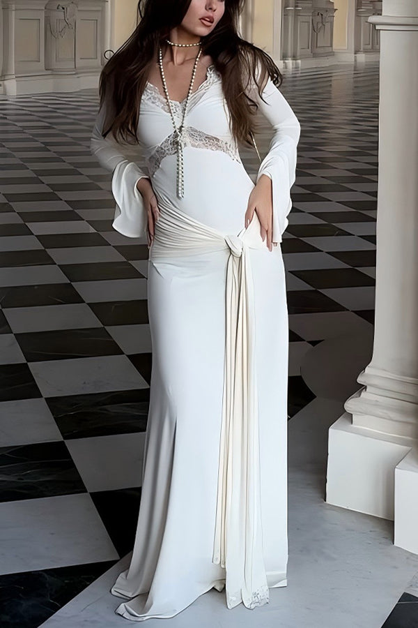 Lace Splicing V-neck Long-sleeved Slim Maxi Dress