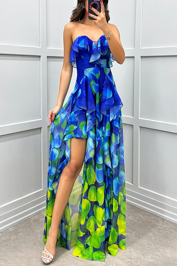 party gradient unique printed flowing layered pleated strapless slim fit long skirt