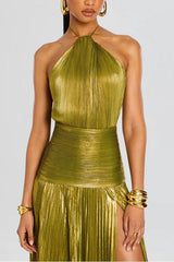 Glamorous Metallic Pleated Fabric Open Back Halter Slit Maxi Dress