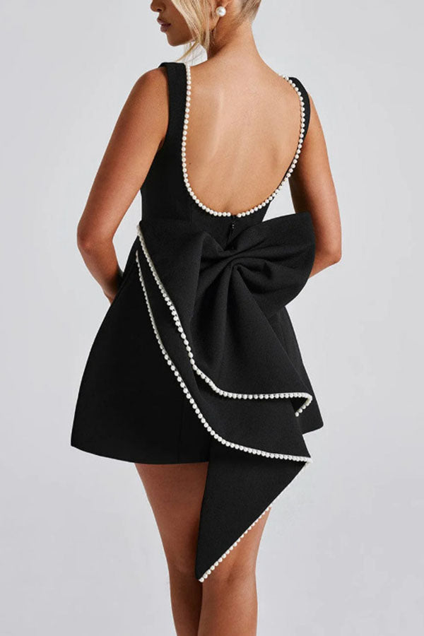 Pearl-embellished Large Bow Slim-fit Mini Dress