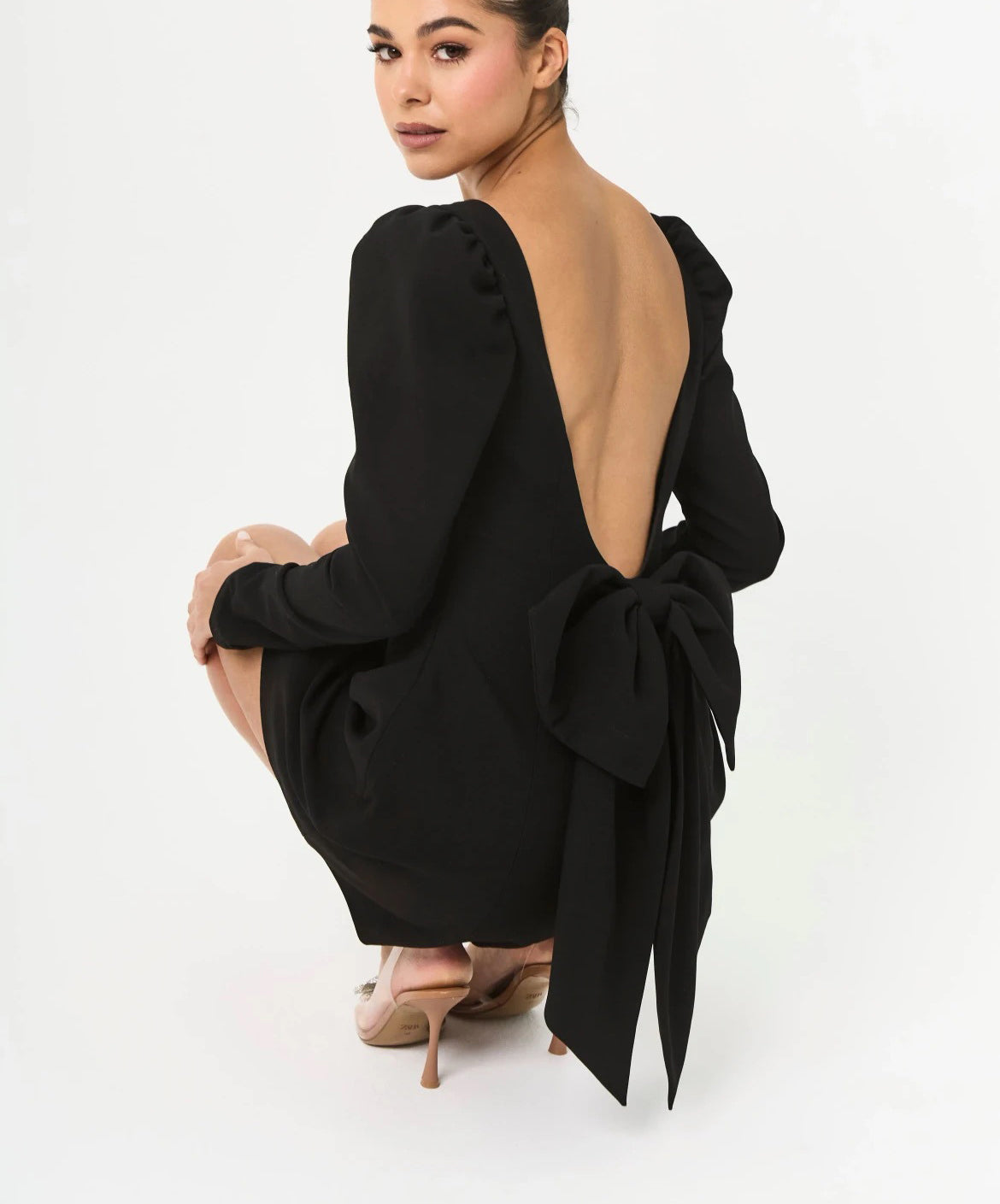 party dress fluffy shoulder long sleeved back bow detail mini dress