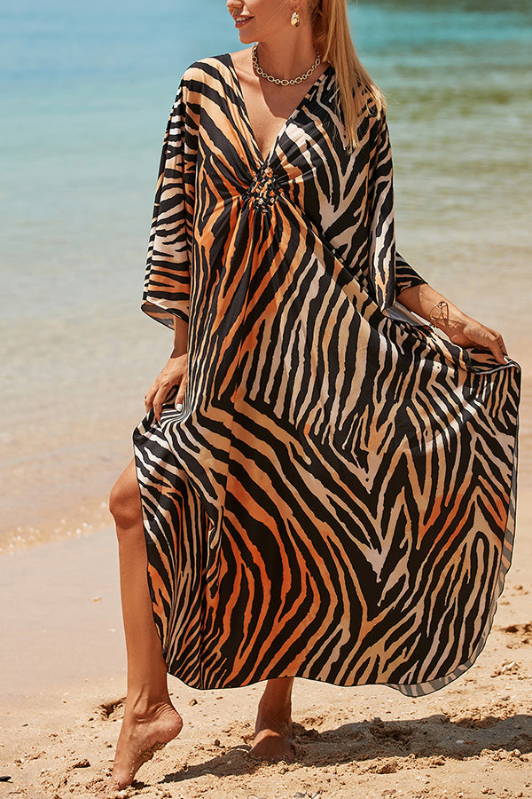 Simple Unique Printed Pleated Front Slit Cover Up