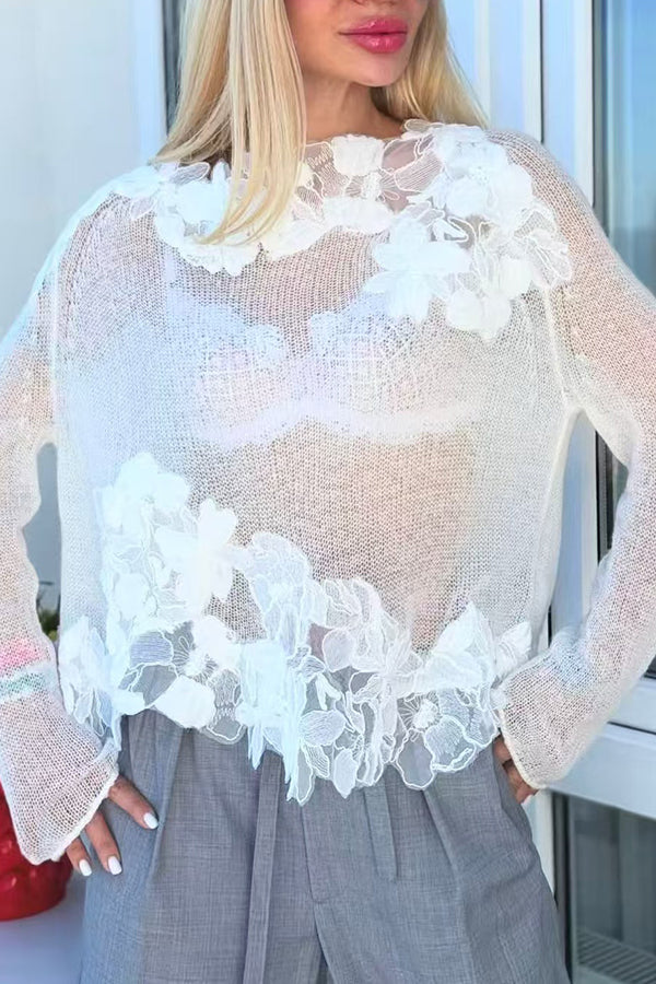 Lace Floral Casual Knit See-through Long-sleeved Top