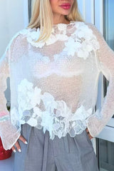 Lace Floral Casual Knit See-through Long-sleeved Top