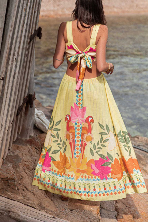 Resort Style Unique Print Square Neck Backless Waist Maxi Dress