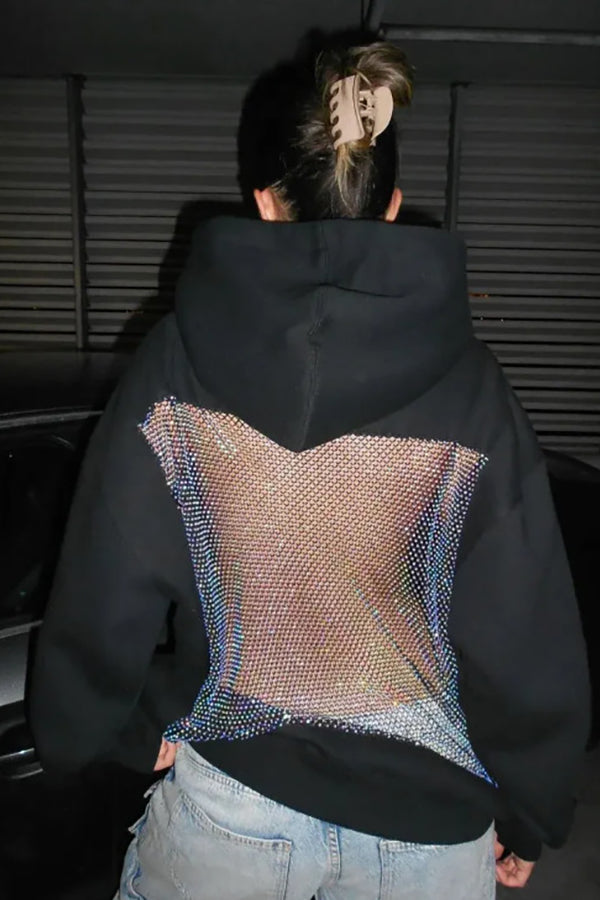 Shiny Mesh Hollow Back Loose Long-sleeved Hooded Sweatshirt