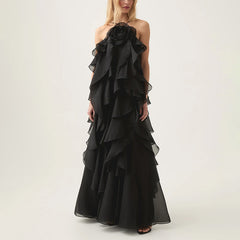 Free - Flowing Rose Detail Tiered Ruffles Halter A-line Maxi Dress