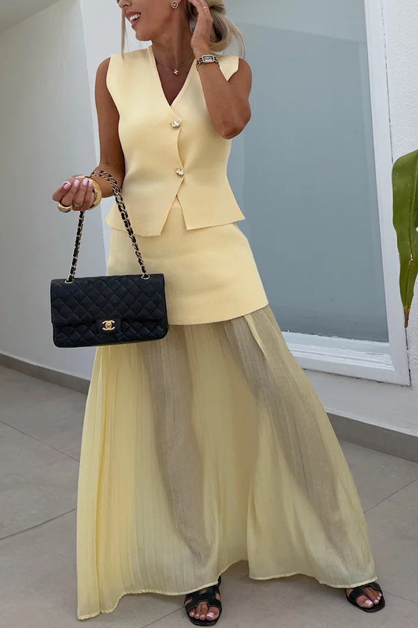 Elegant Knit Spliced Tulle Elastic Waist Pleated Maxi Skirt