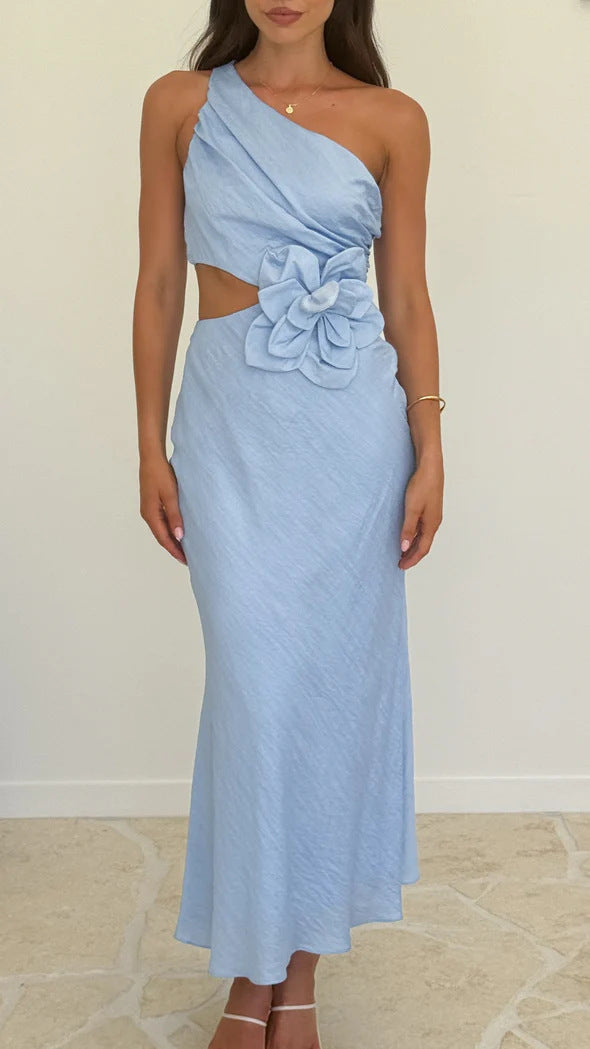 Bloom 3d Flower Ruched One Shoulder Cutout Maxi Dress