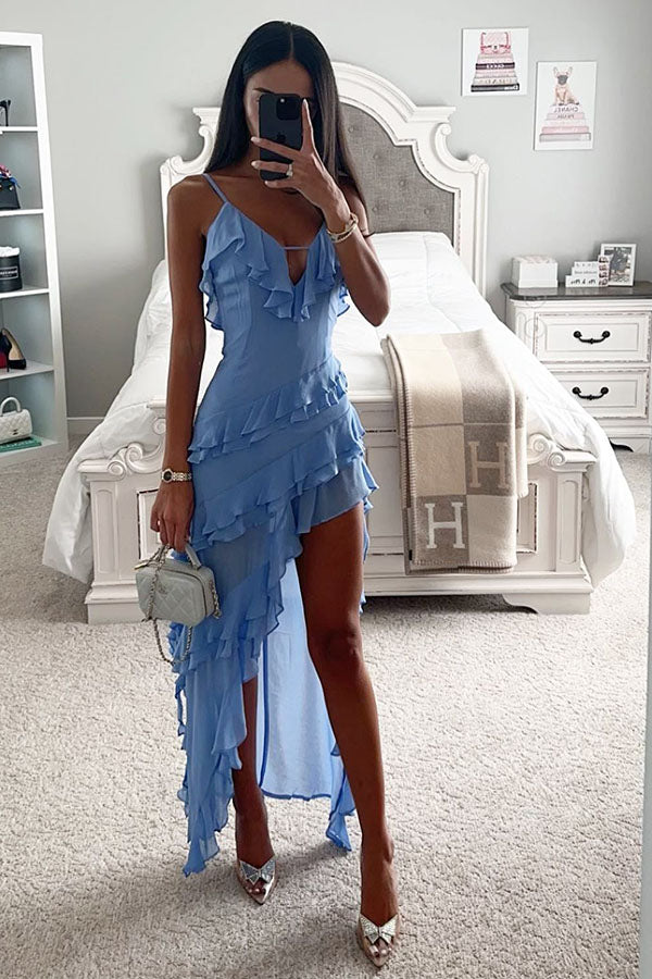 V-neck Ruffle Irregular Solid Color High Split Layered Dress