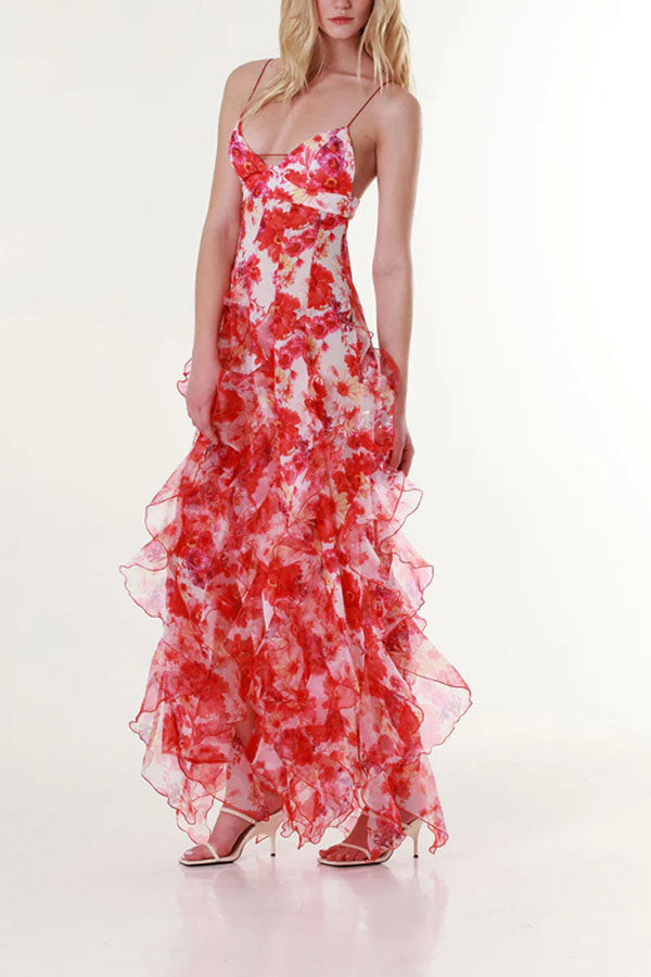 Millie | Floral Ruffle Long Skirt Chiffon Printed Fairy Style Long Style Evening Dress Coupon