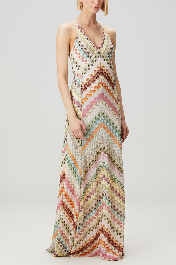Missoni Knit Colorful Herringbone Print Open Beck Maxi Dress