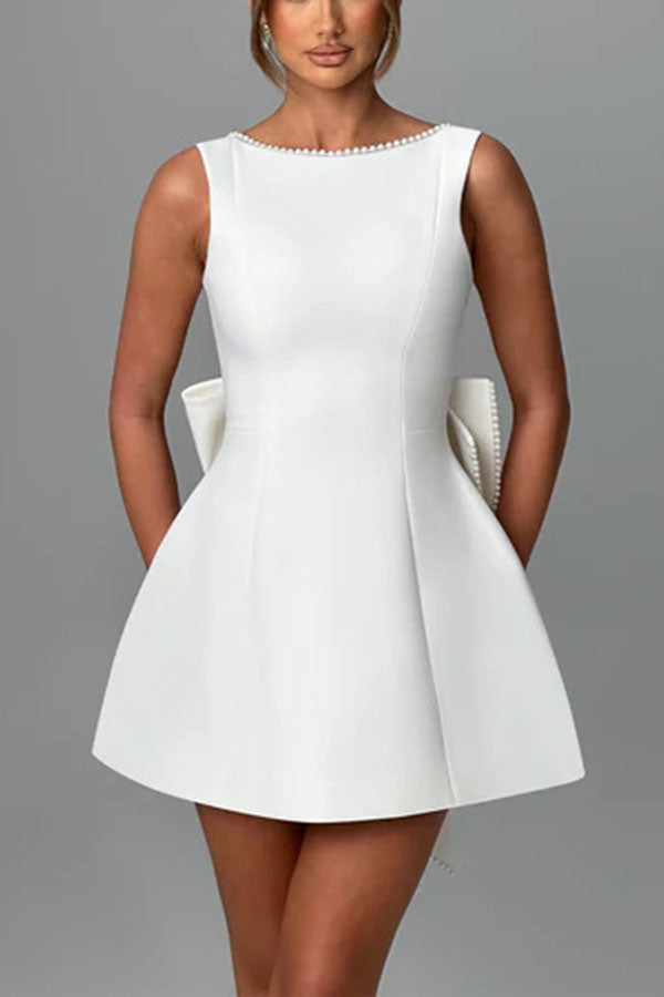 Pearl-embellished Large Bow Slim-fit Mini Dress
