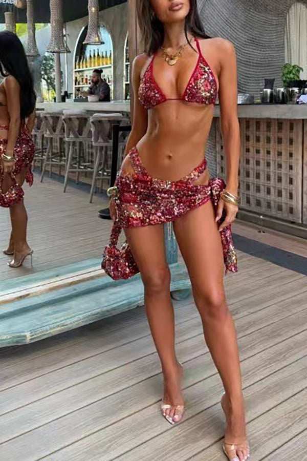 Sequined Halter Neck Tie Two-piece Stretch Bikini Swimsuit and Beach Cover-up Mini Skirt Set