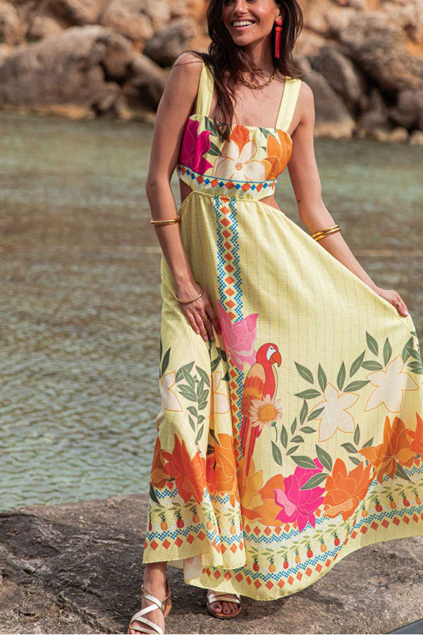 Resort Style Unique Print Square Neck Backless Waist Maxi Dress