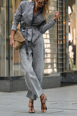 Casual Meetup Denim Stand Neck Long Sleeve Belted Loose Jacket