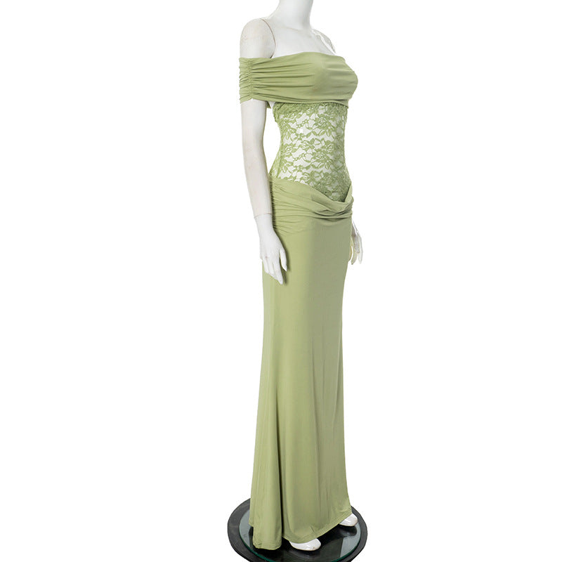 Solid Color Off Shoulder Splicing Lace Extra Long Slimming Dress