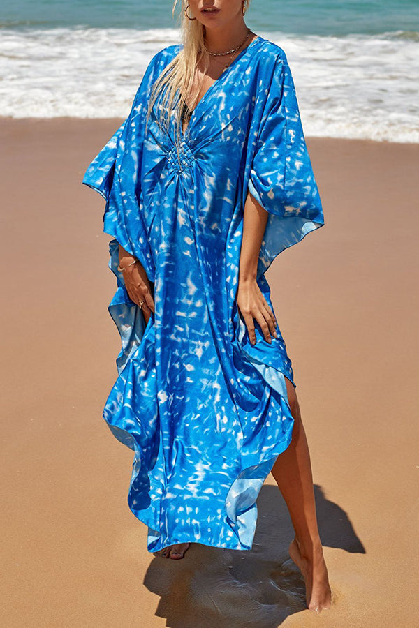 Simple Unique Printed Pleated Front Slit Cover Up