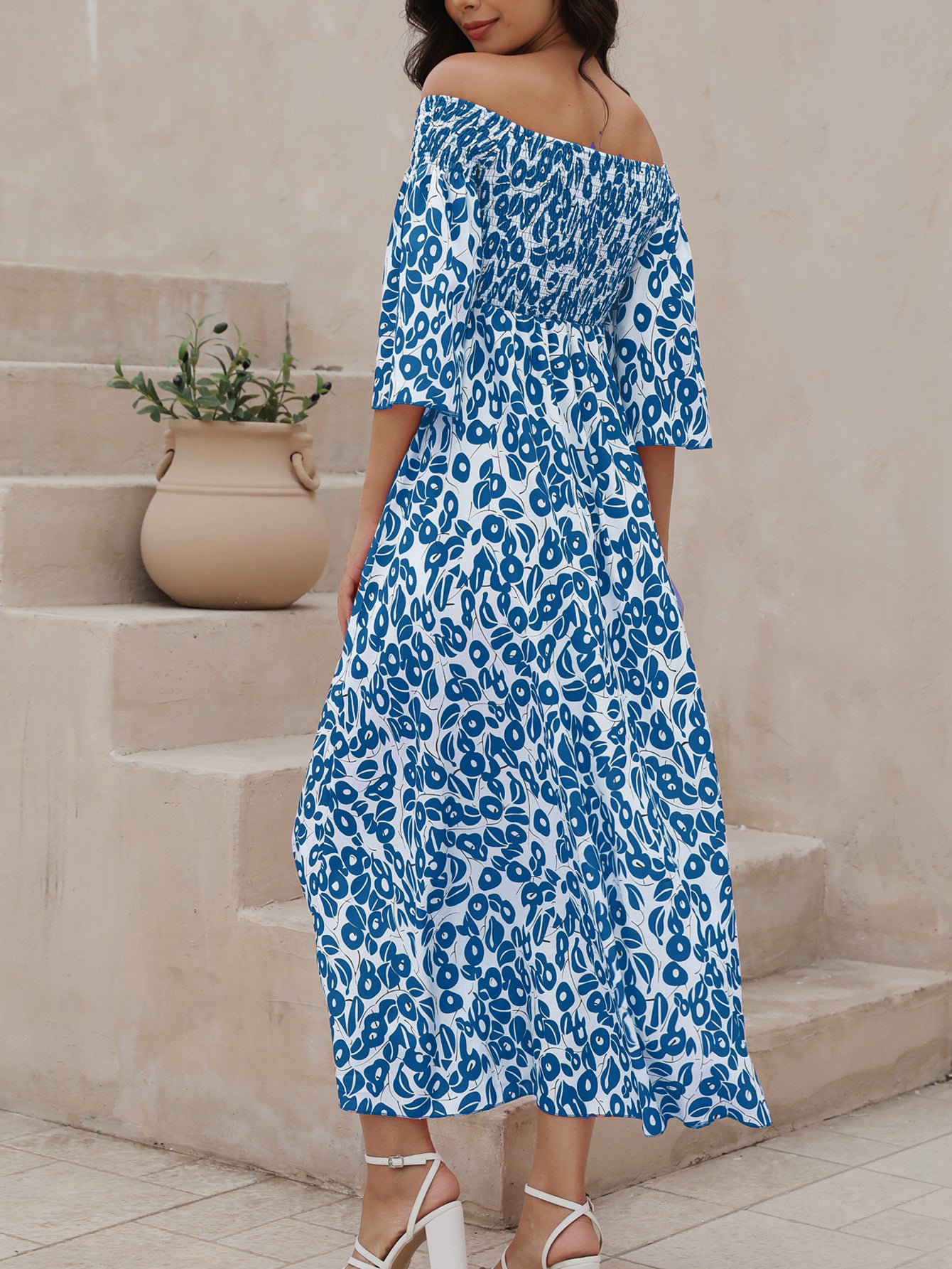 Vacation Flower Street Elegant Printed Off Shoulder Waist Pocket Long Dress