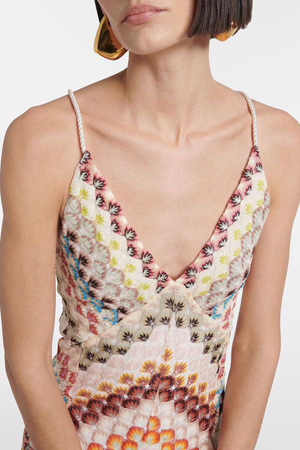 Missoni Knit Colorful Herringbone Print Open Beck Maxi Dress
