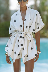 Playful Linen Blend Polka Dot Tie-up Kimono Top and Elastic Waist Pocket Shorts Set